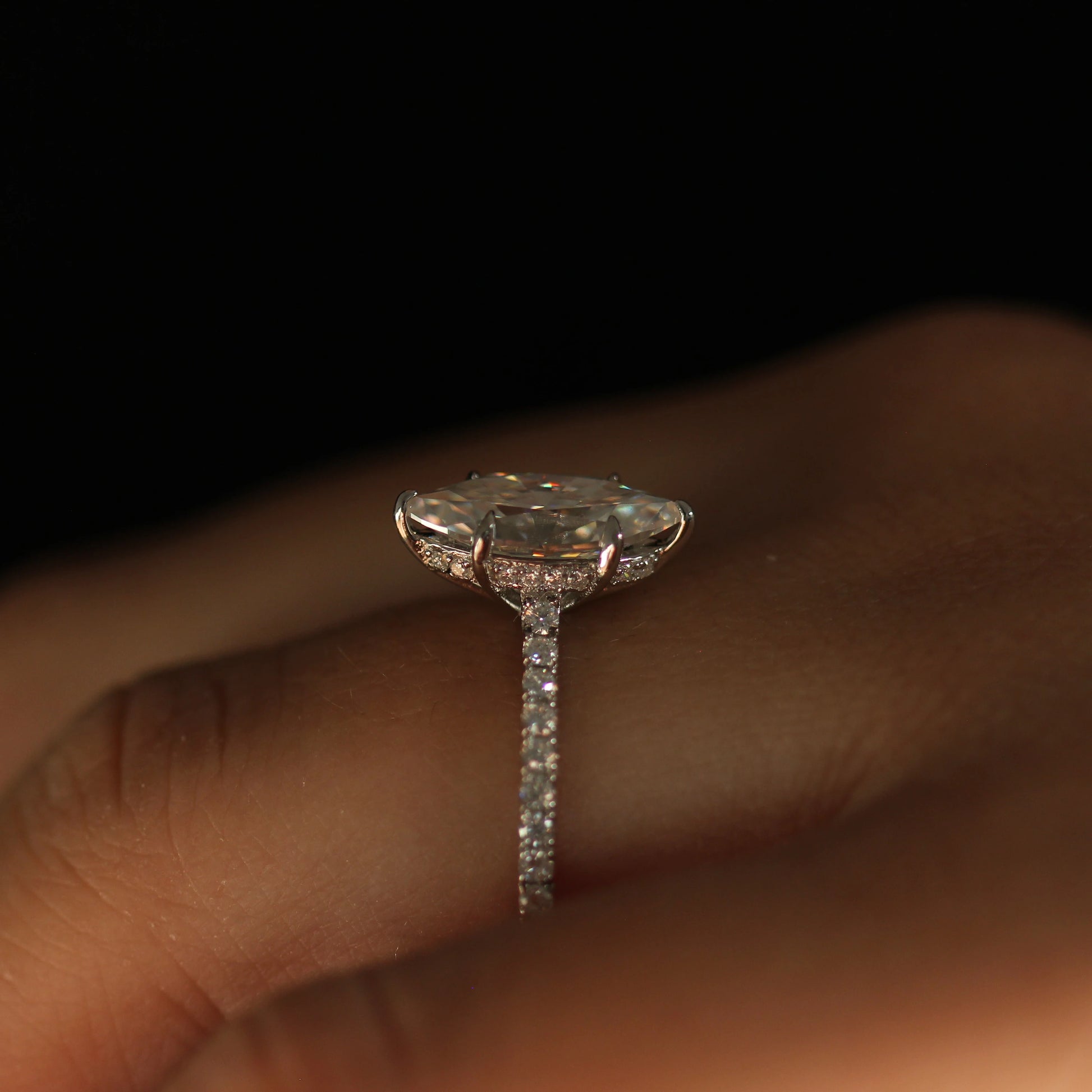 2 ct marquise silver moissanite ring with hidden halo and pave band