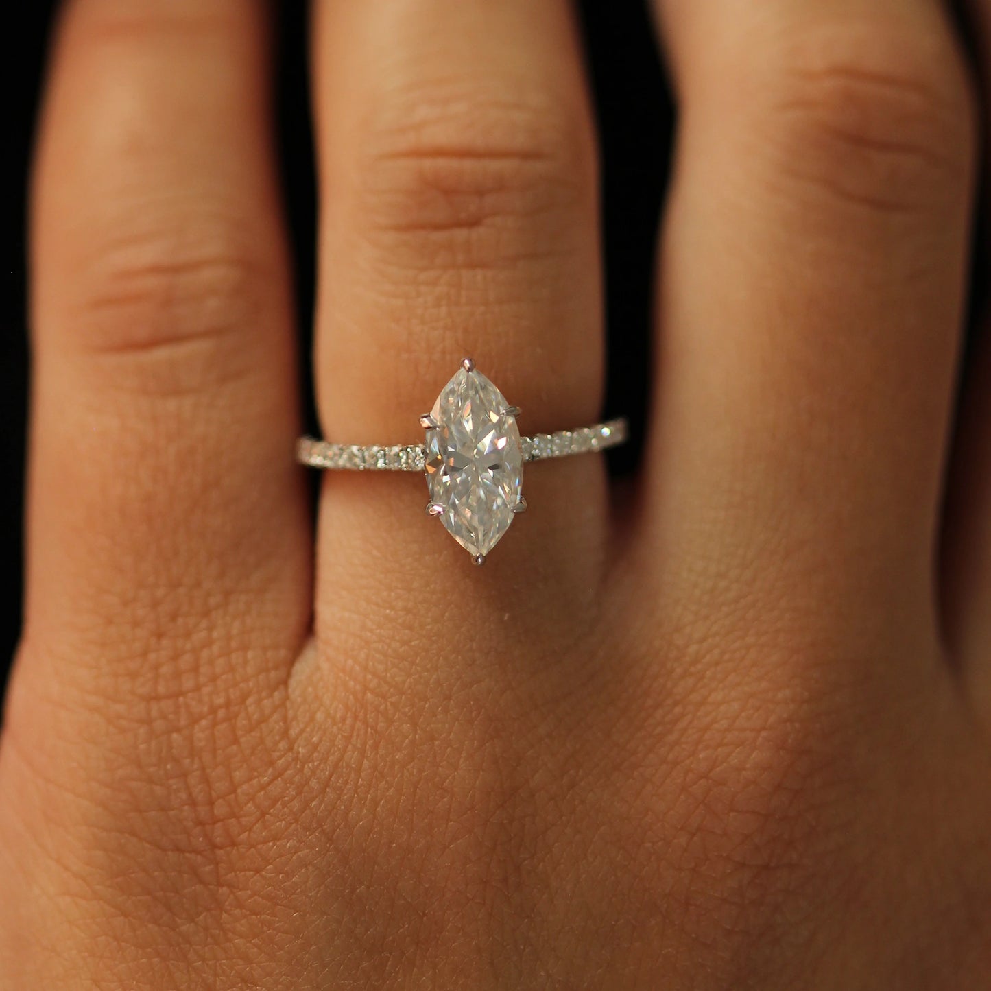 2 ct marquise silver moissanite ring with pave band