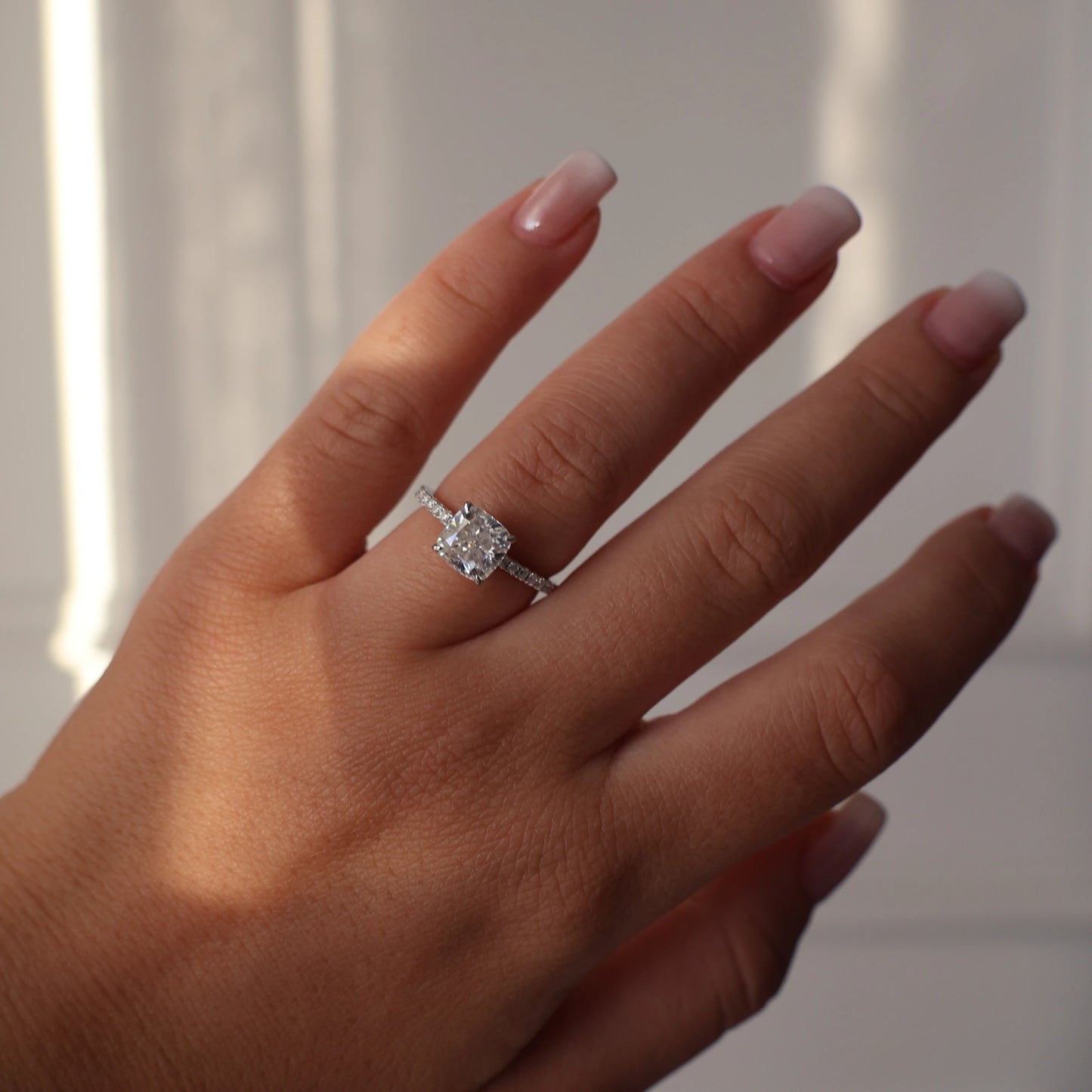 2 ct cushion cut pavé moissanite ring in silver