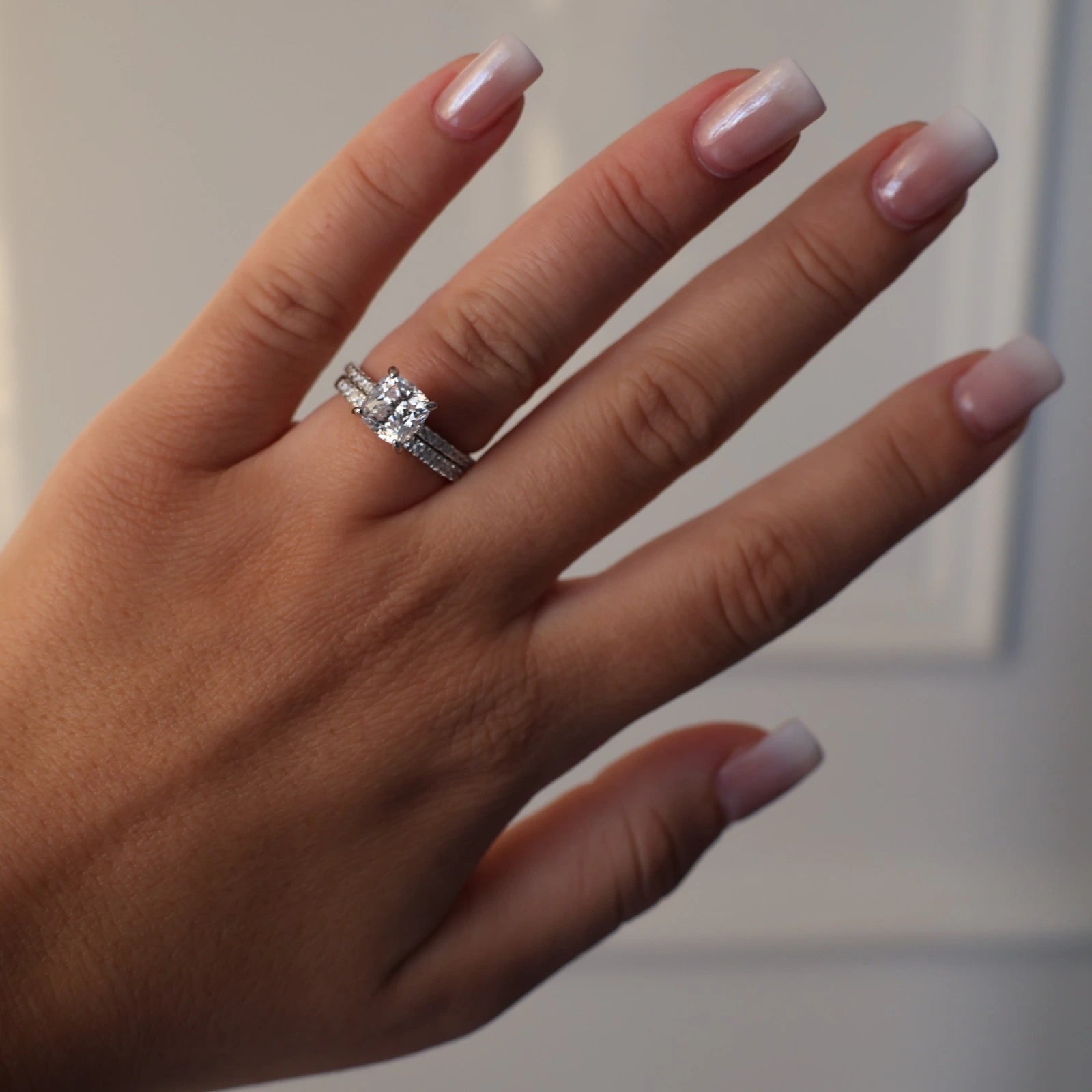 2ct cushion CZ silver ring with hidden halo