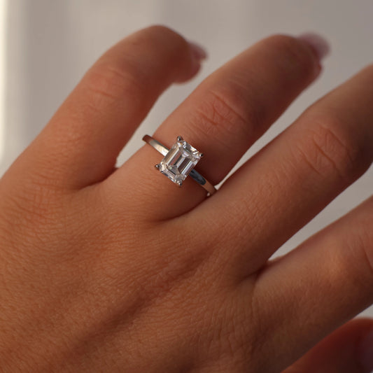 2 ct emerald moissanite solitaire ring in silver