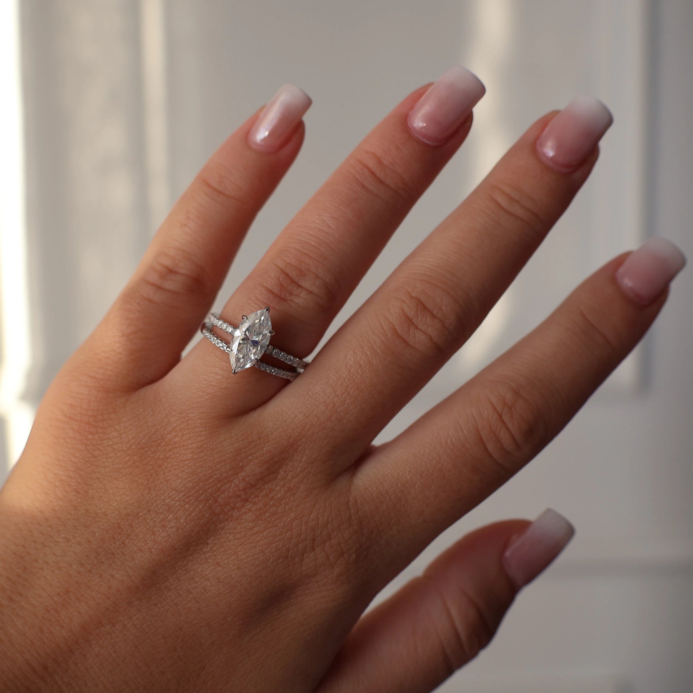 2ct marquise cut moissanite ring with pavé silver band