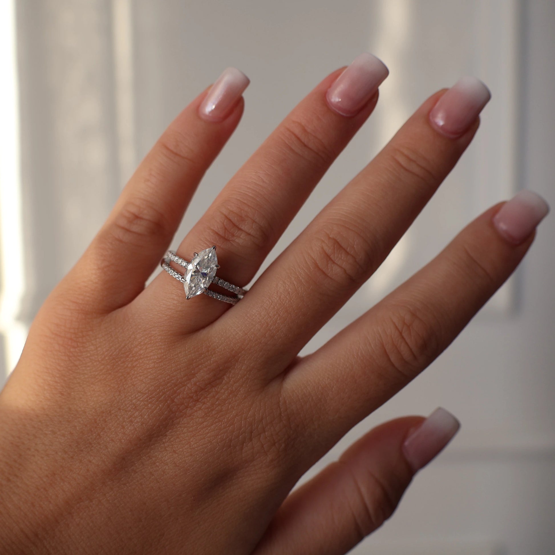 2ct marquise cut moissanite ring with pavé silver band