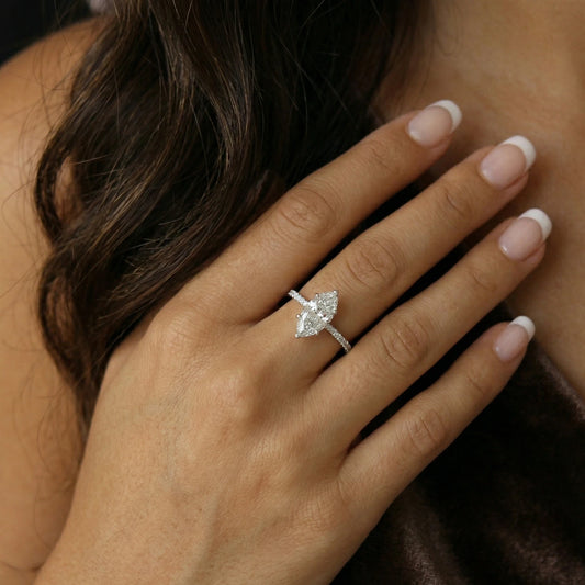 2 carat marquise cut moissanite ring with pavé band