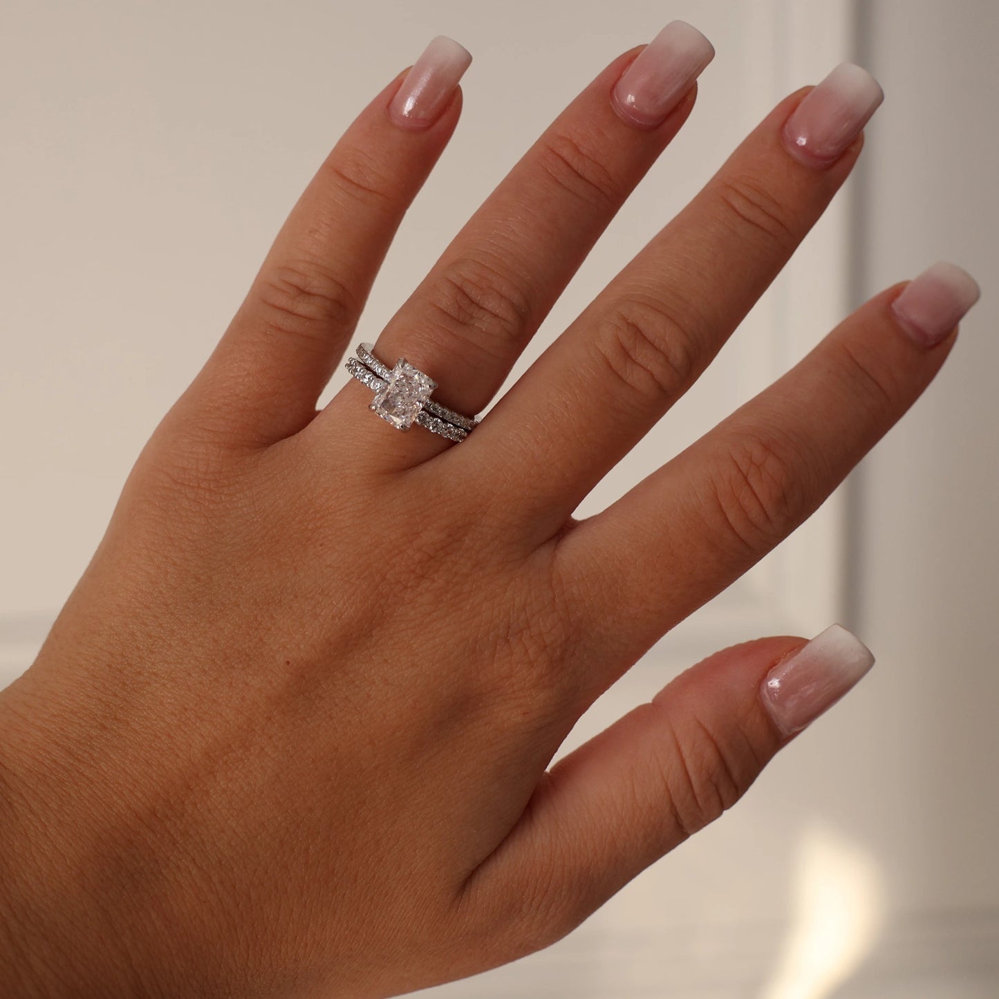 2 carat radiant cut cubic zirconia engagement ring dupe in silver