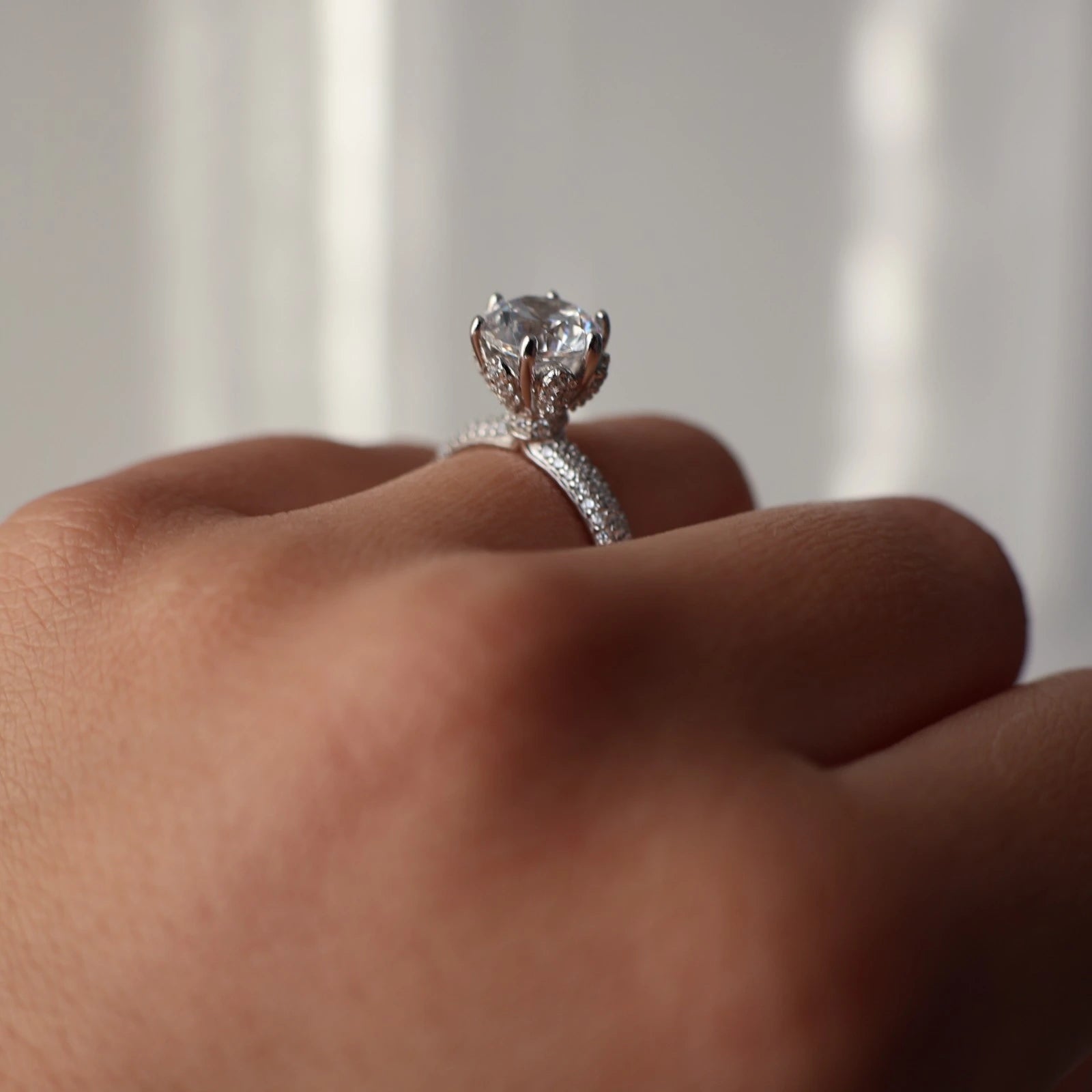 2 carat round cut cubic zirconia silver ring with side halo and micro pave band