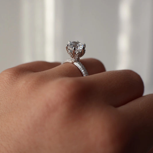 2 carat round cut cubic zirconia silver ring with side halo and micro pave band