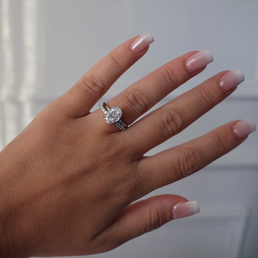 2 carat silver solitaire ring with hidden halo stacked with open band
