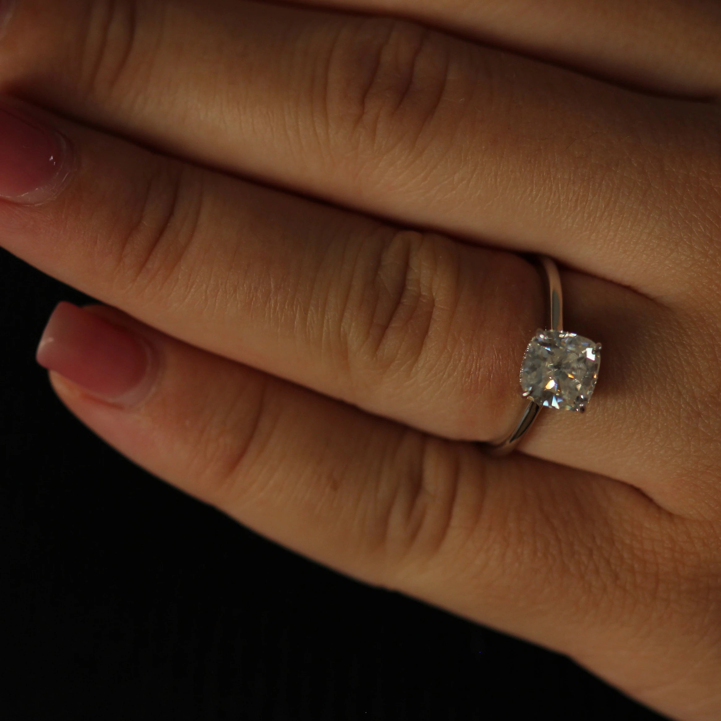 2ct cushion cut moissanite solitaire engagement ring with four prong setting