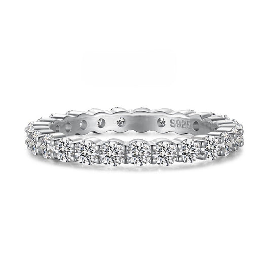 2mm silver eternity band with solitaire stones on white background