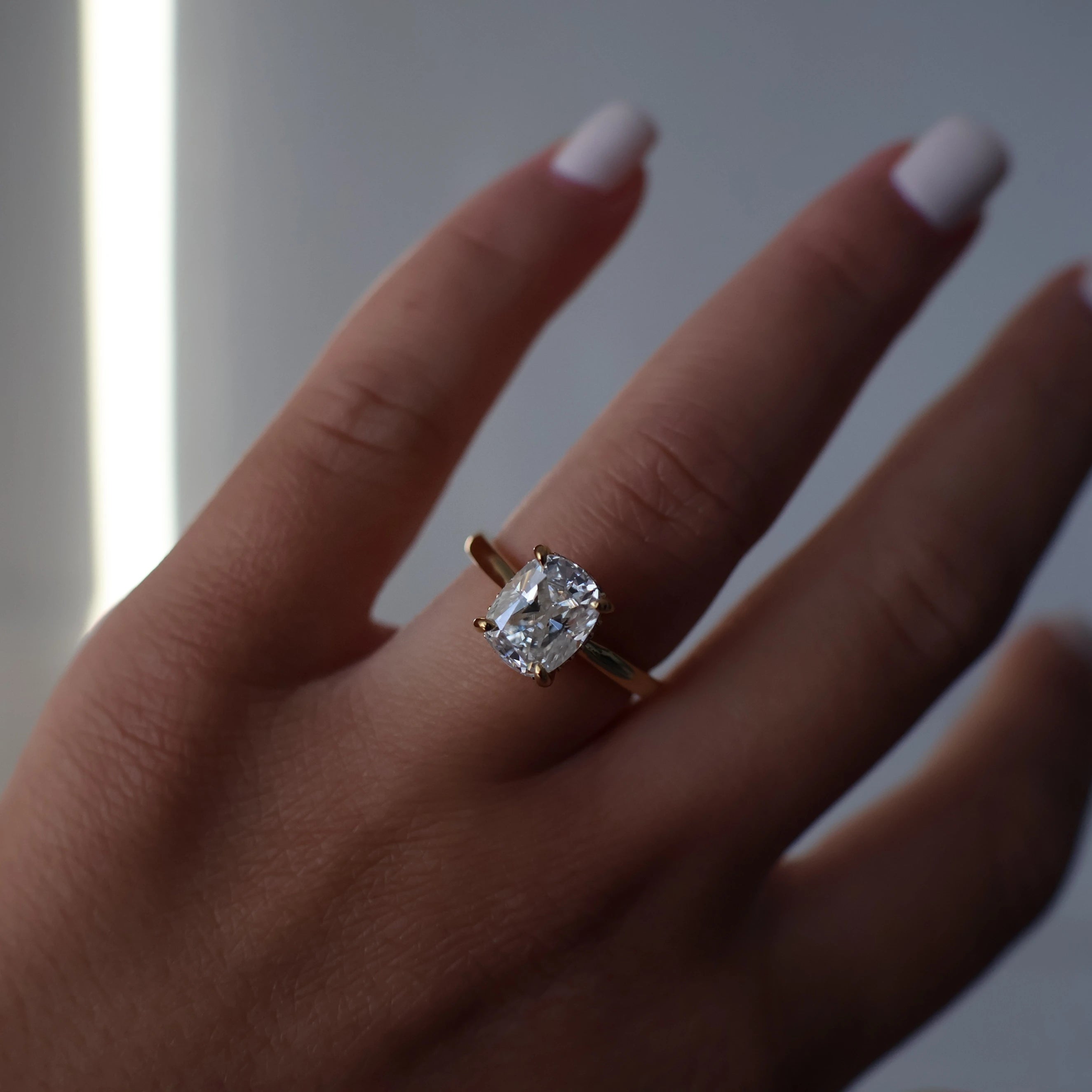 3 carat elongated cushion moissanite ring in 14k gold fill