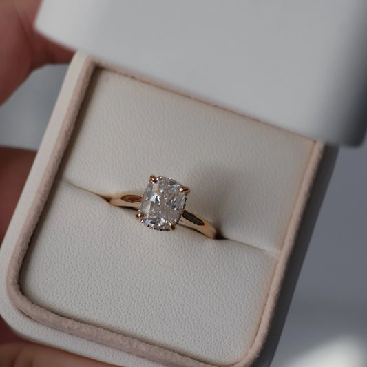 3 carat elongated cushion moissanite engagement ring in 14k gold filled