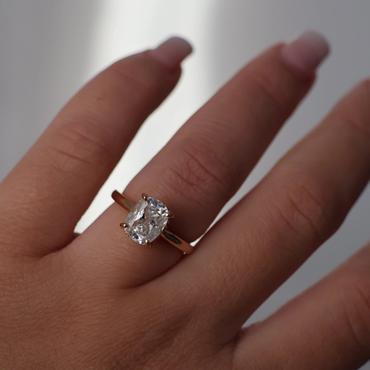 3 carat elongated cushion moissanite engagement ring in 14k gold filled
