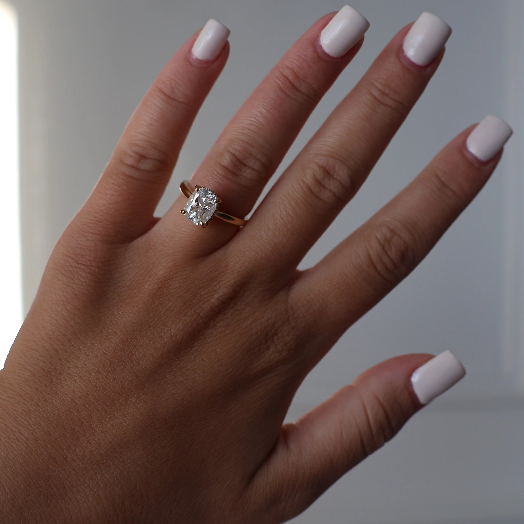 3 carat elongated cushion moissanite ring in 14k gold fill
