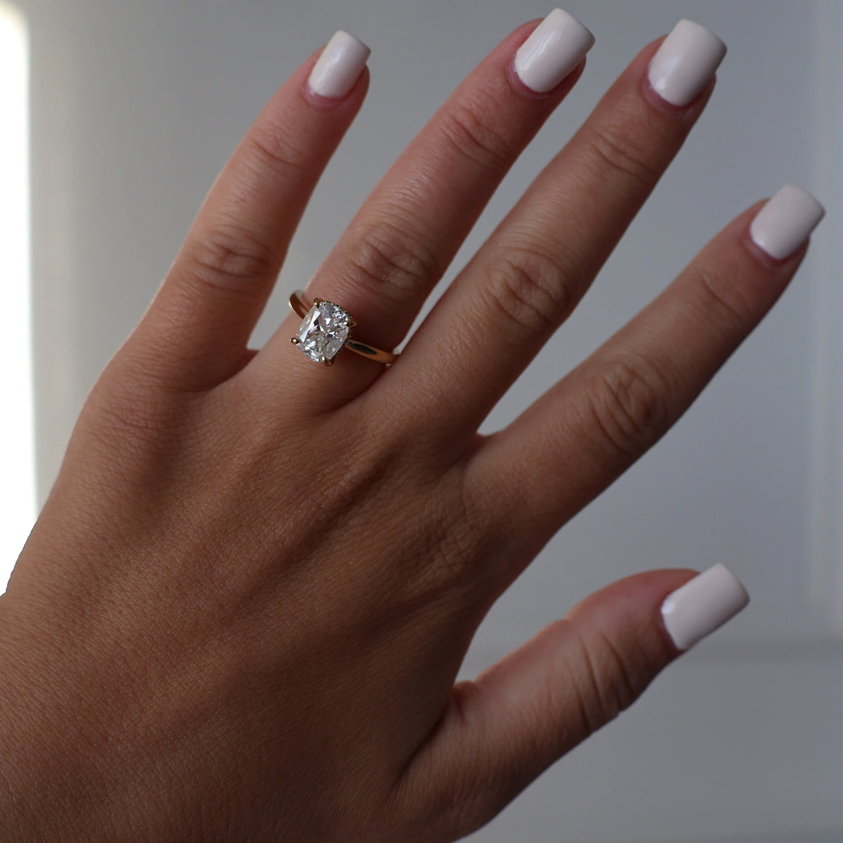 3 carat elongated cushion moissanite ring in 14k gold fill