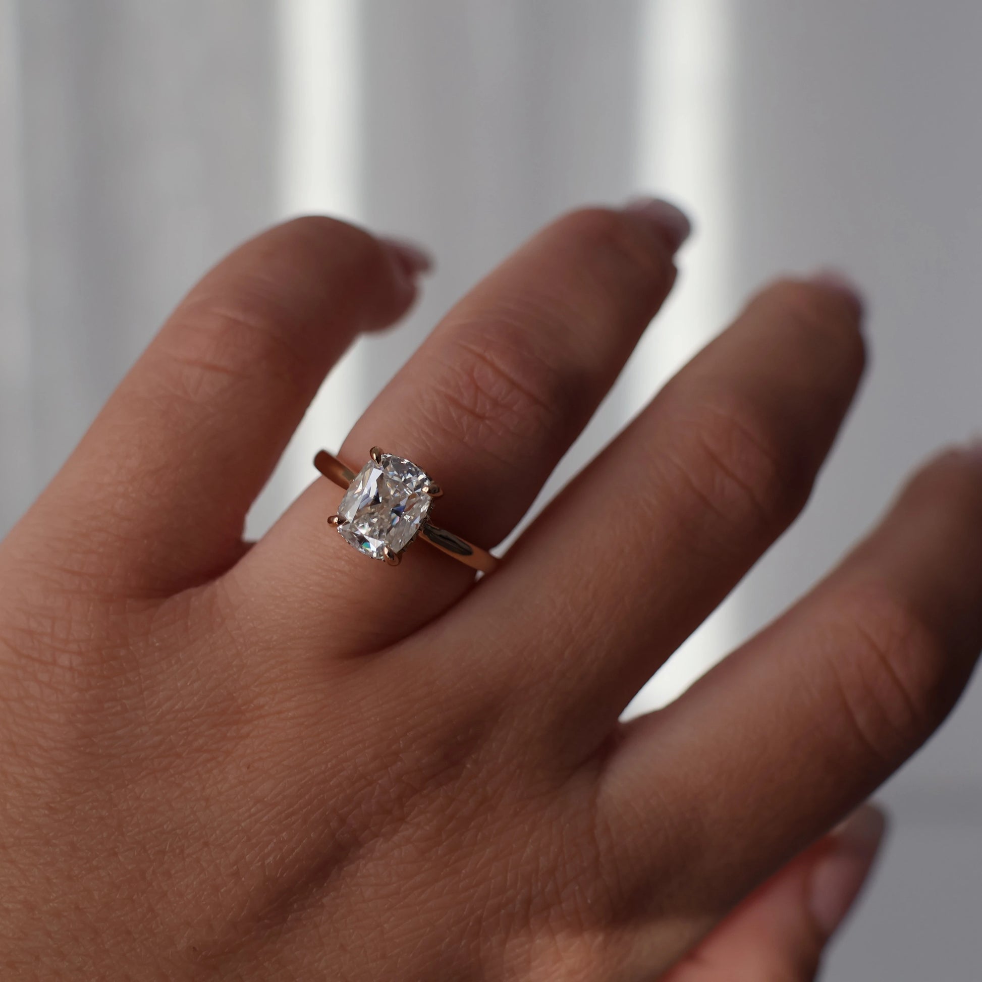 3 carat elongated cushion moissanite ring in 14k gold filled
