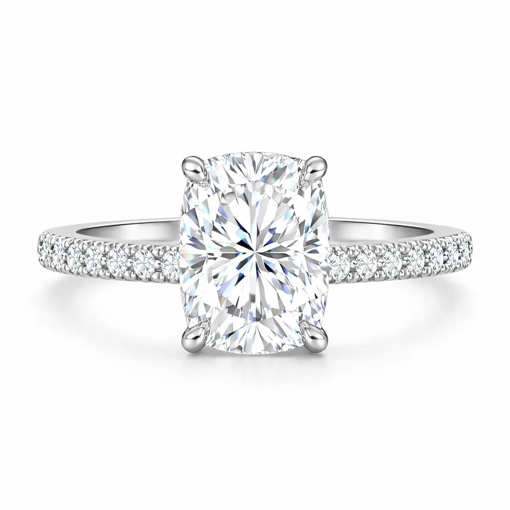 3 carat elongated cushion moissanite ring with pave band