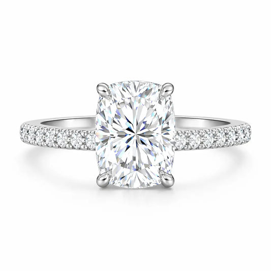 3 carat elongated cushion moissanite ring with pave band