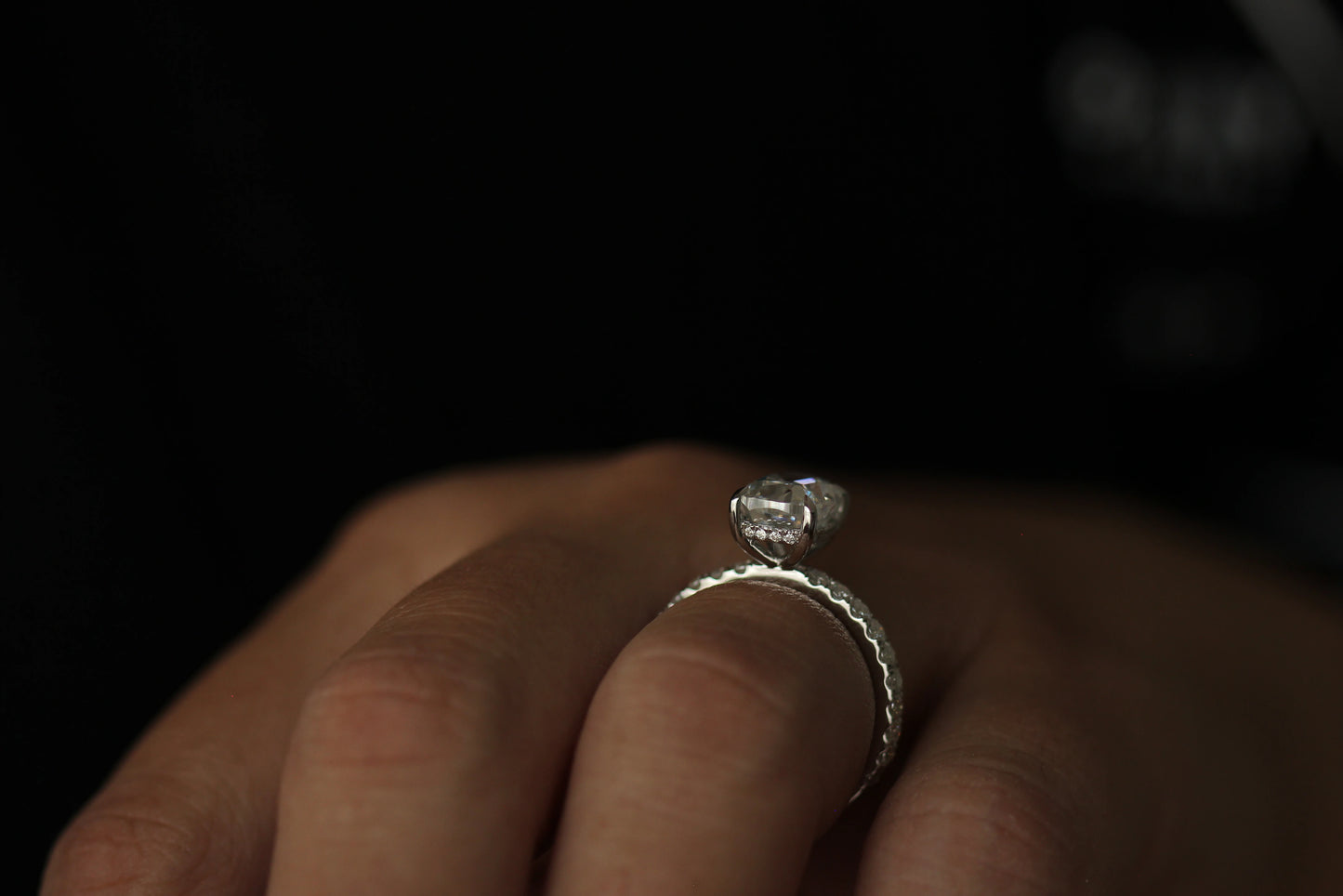 3 carat elongated cushion moissanite ring with side halo