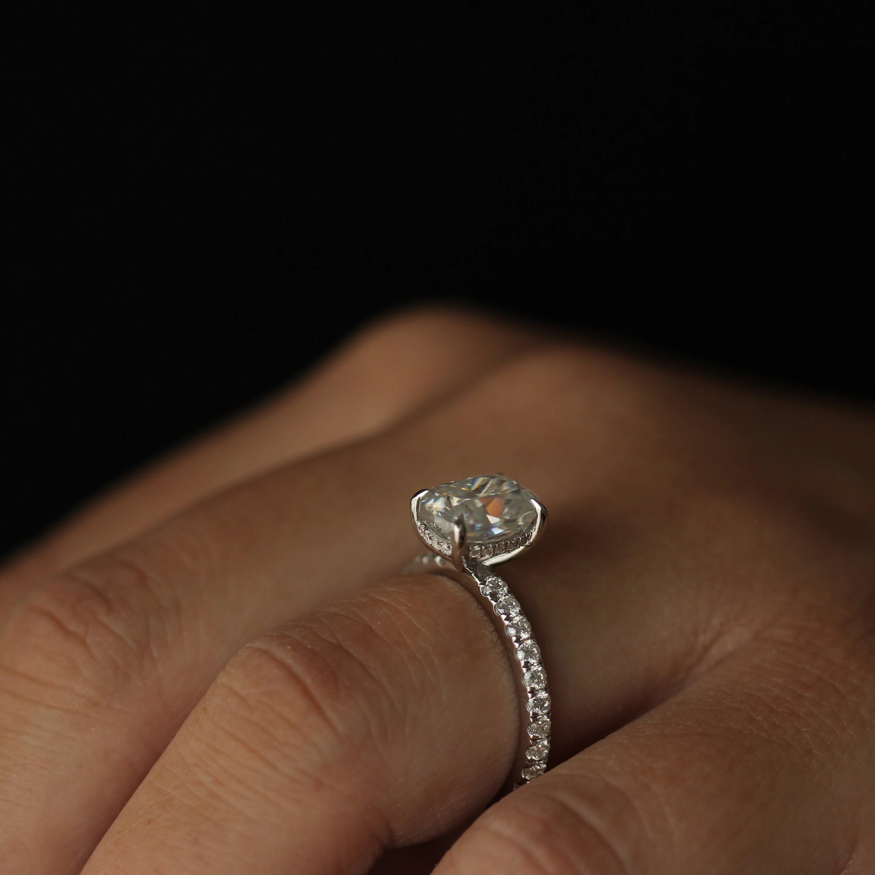 side view of 3 carat elongated cushion moissanite ring