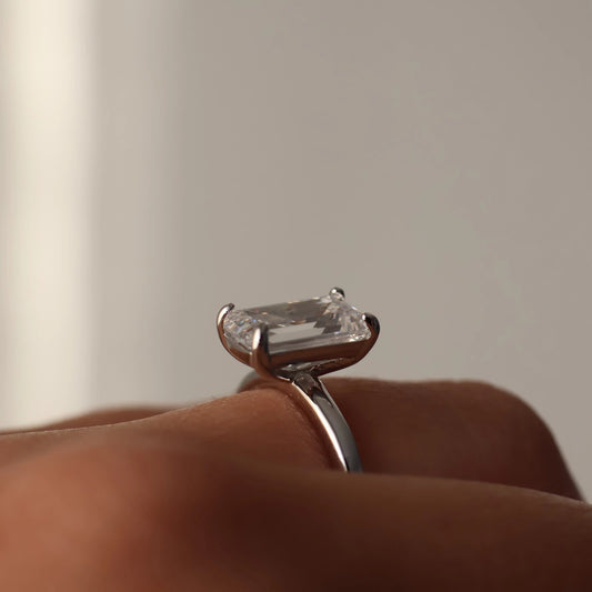 3 carat elongated emerald cut cubic zirconia silver solitaire ring
