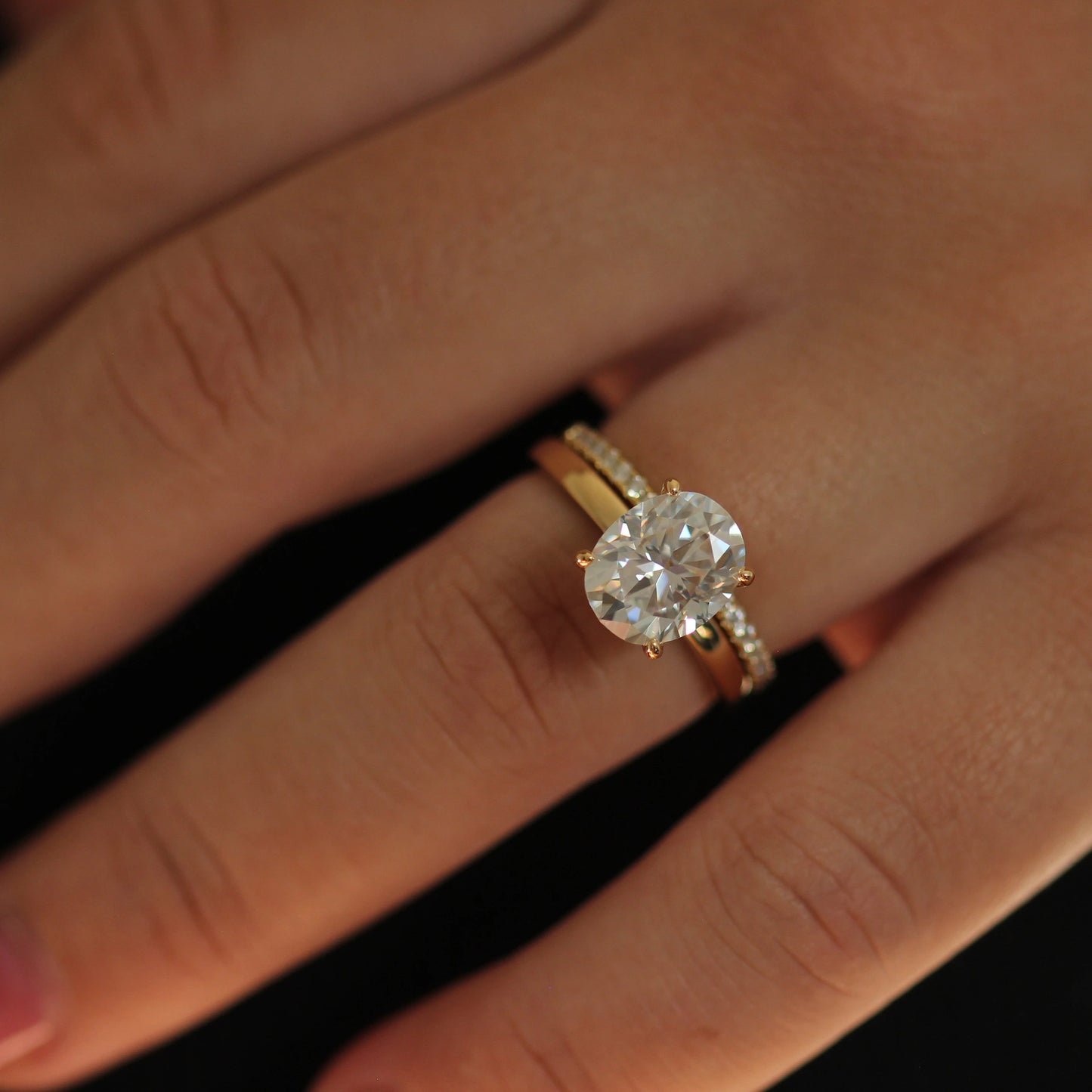 3 carat oval moissanite solitaire engagement ring in 14k gold filled stacked with half eternity band