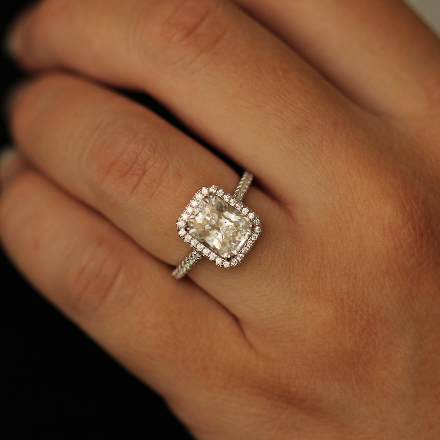 3 carat radiant cut halo moissanite ring