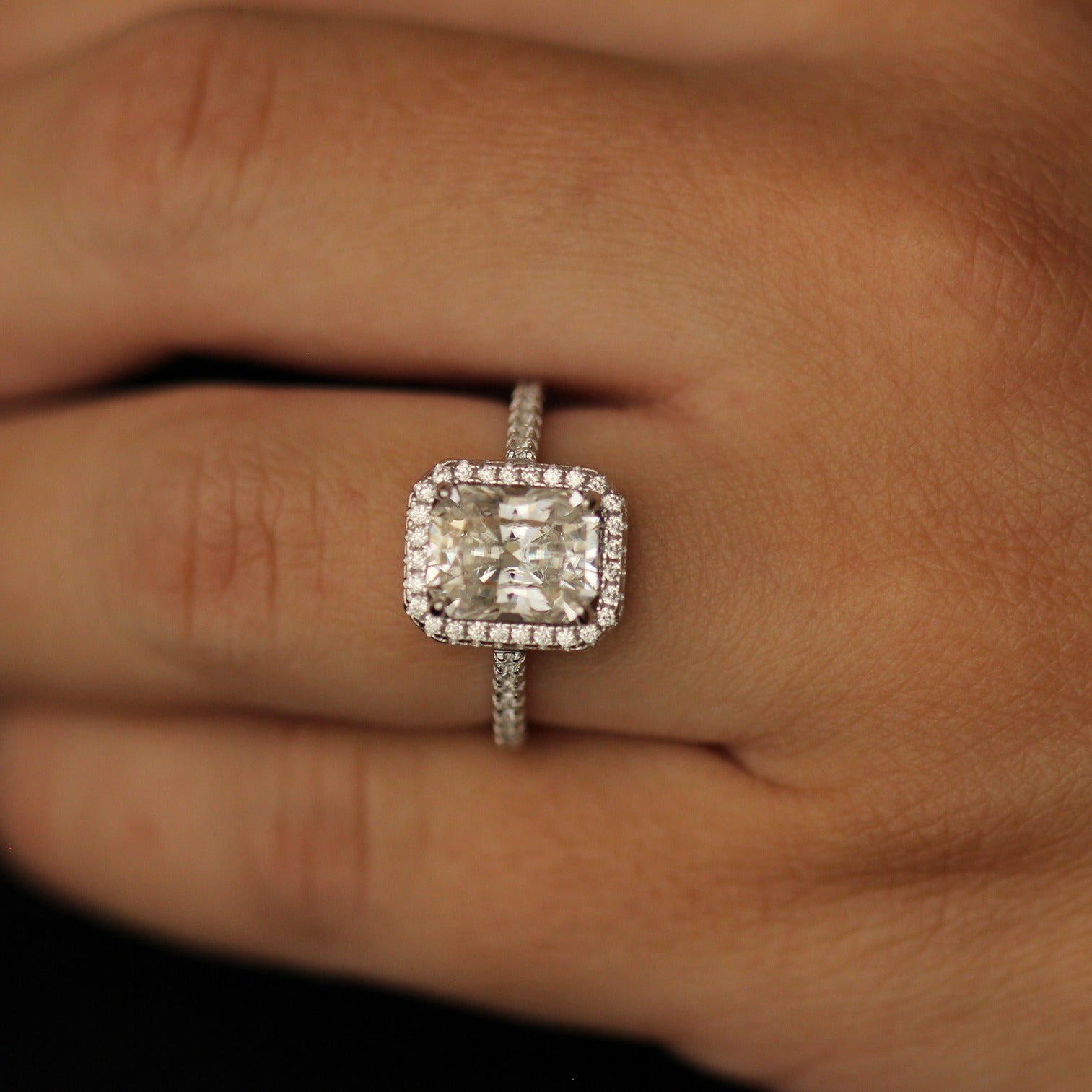 3 carat radiant cut moissanite halo ring