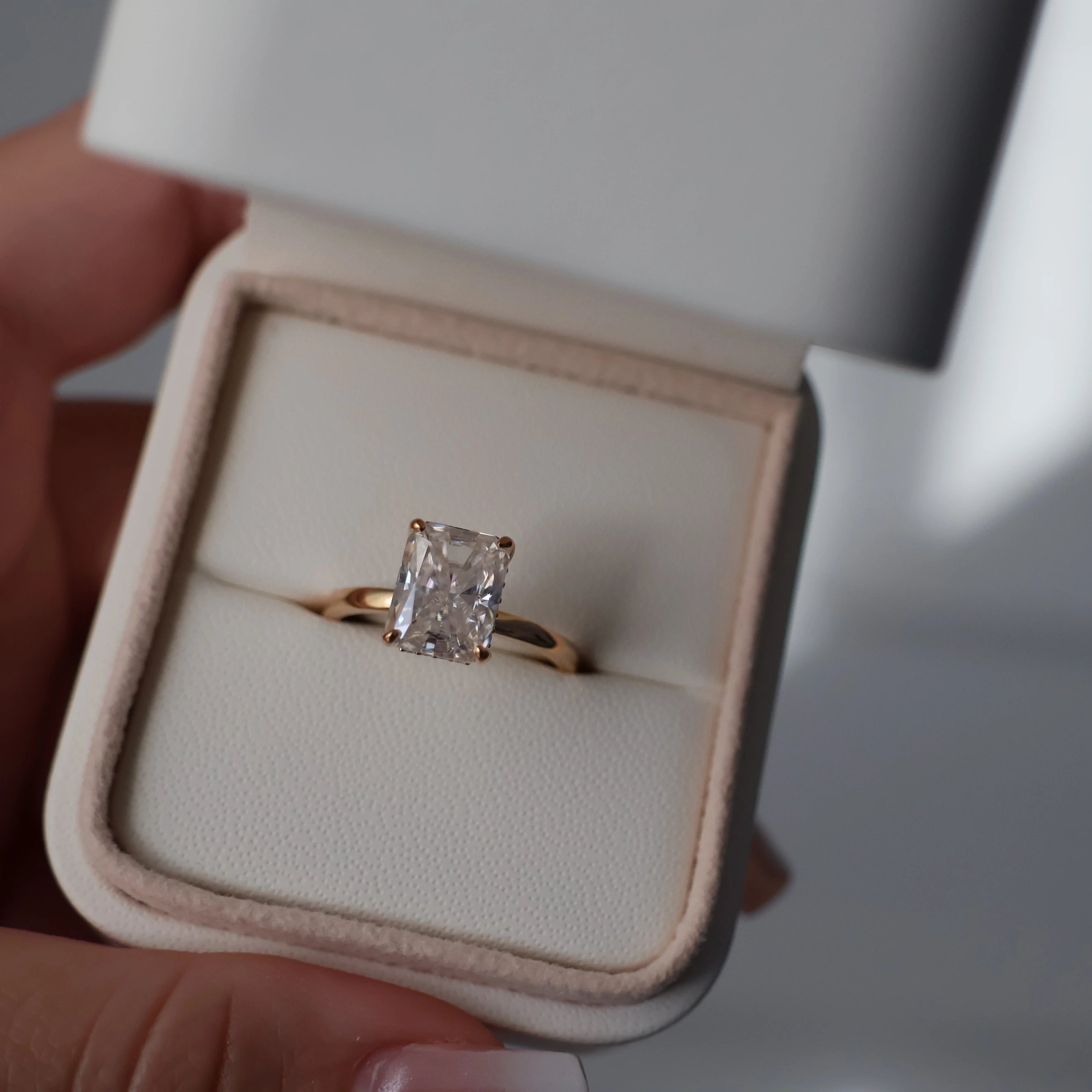 3 carat radiant cut moissanite solitaire ring in 14k gold filled