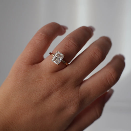 3 carat radiant cut moissanite ring in 14k gold filled with hidden halo