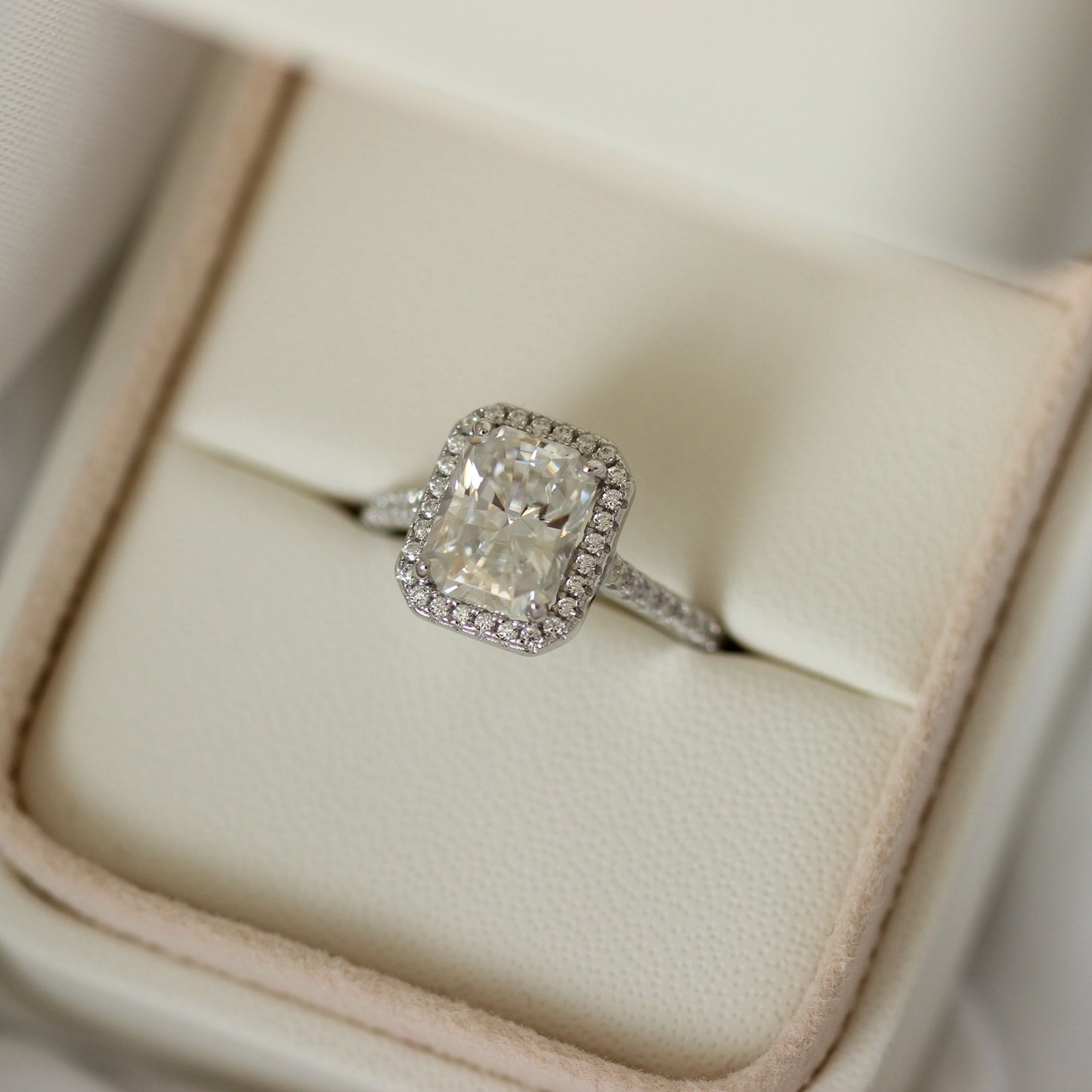 3 carat radiant cut moissanite engagement ring with halo 