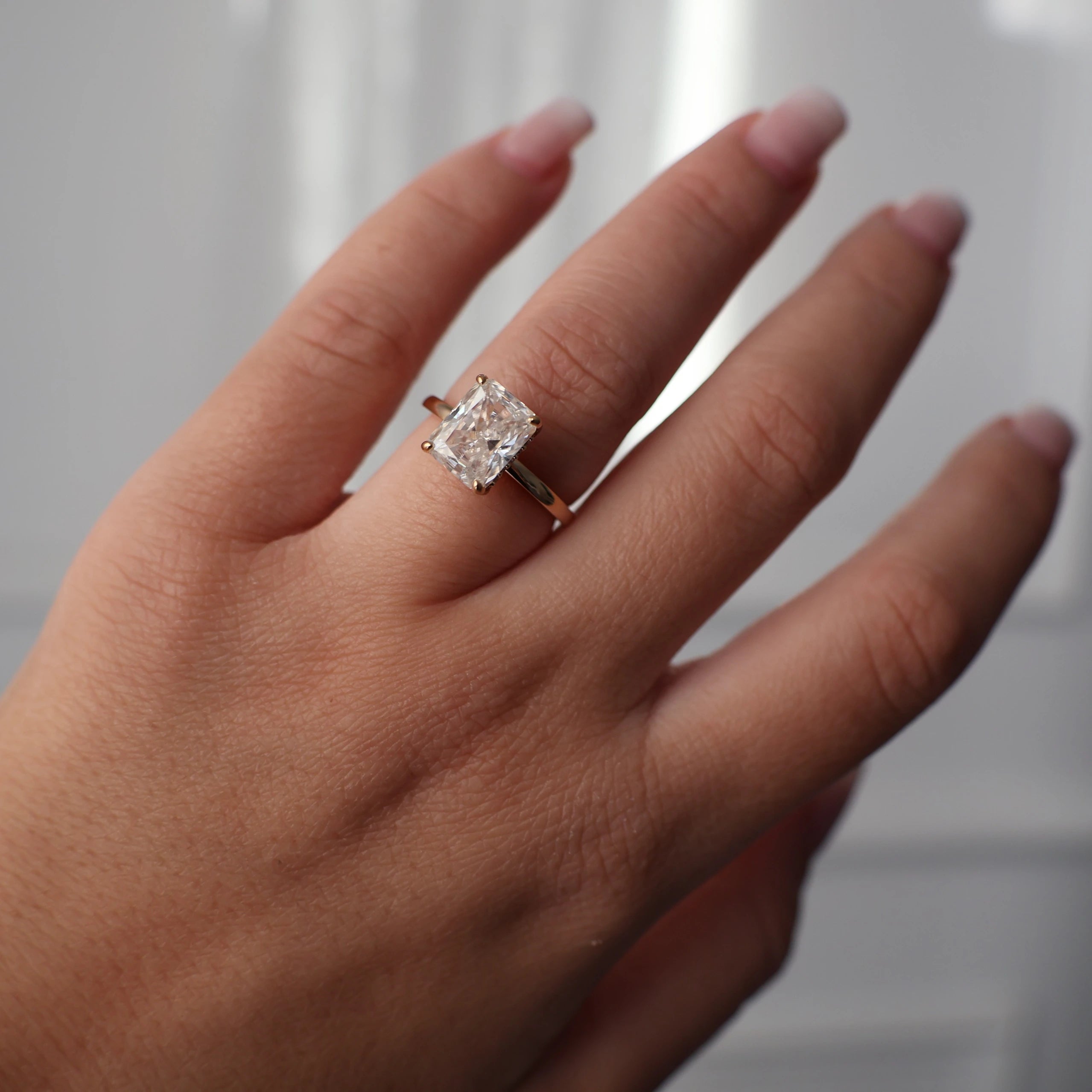 3 carat radiant cut moissanite ring in 14k gold filled