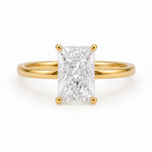 3 carat radiant cut ring with 18K gold plated band