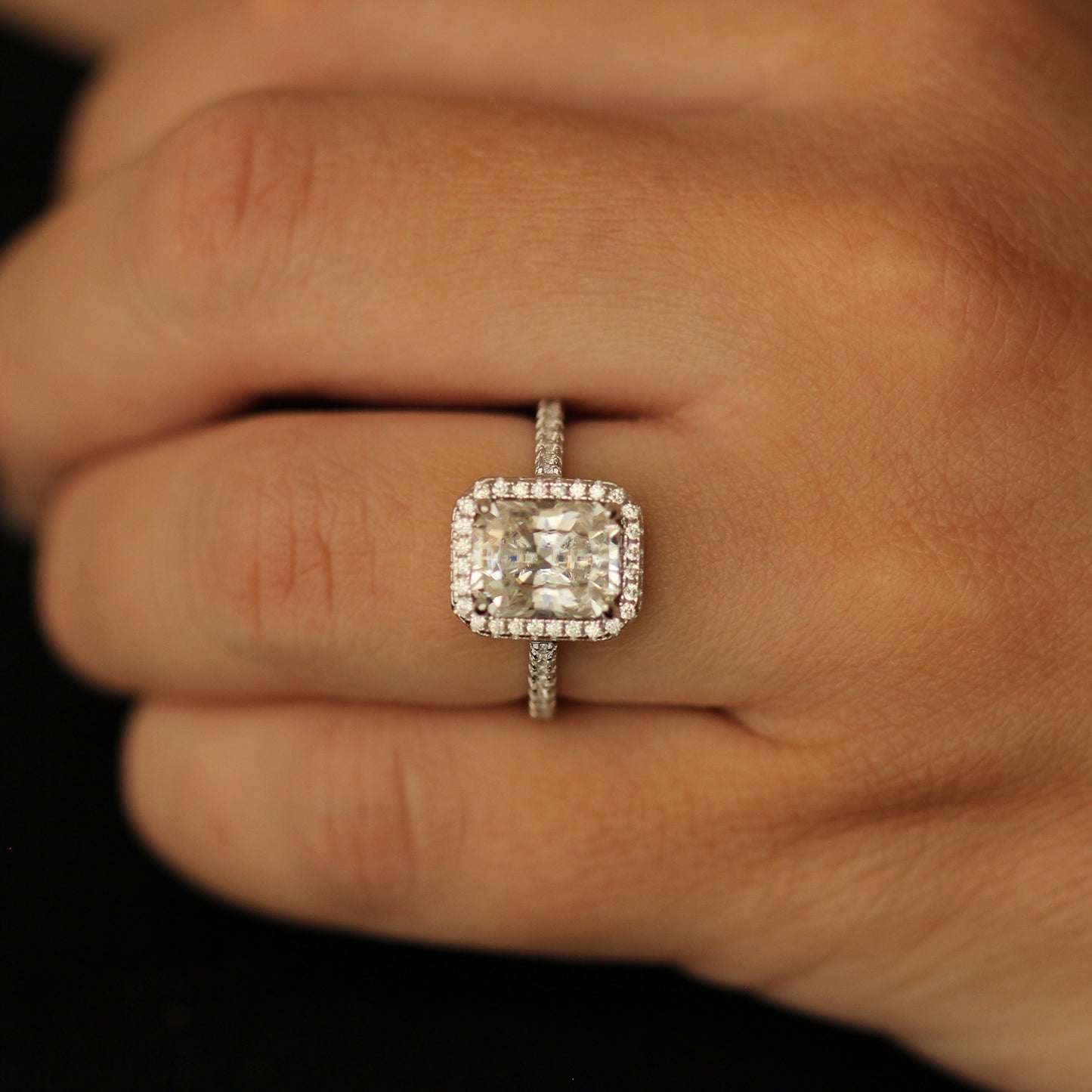 3 ct radiant cut moissanite halo ring in silver