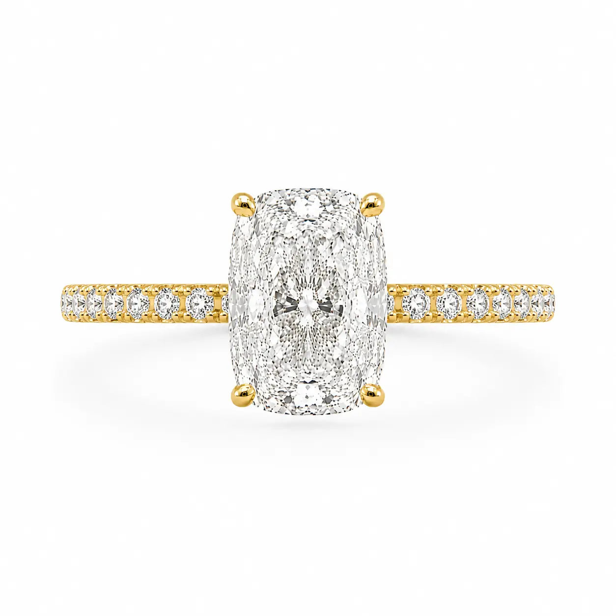 3.5 carat elongated cushion cz ring with a pavé band in 14k gold plating