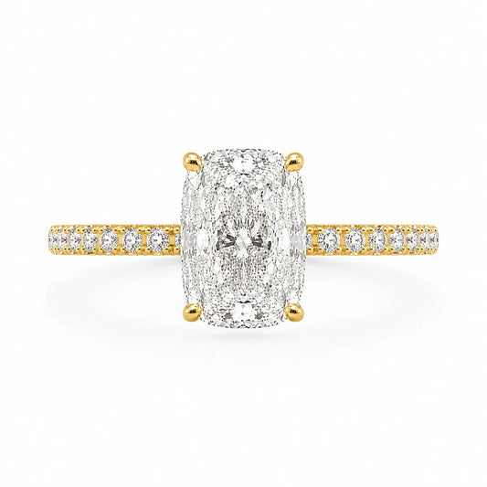 3.5 carat elongated cushion cz ring with a pavé band in 14k gold plating