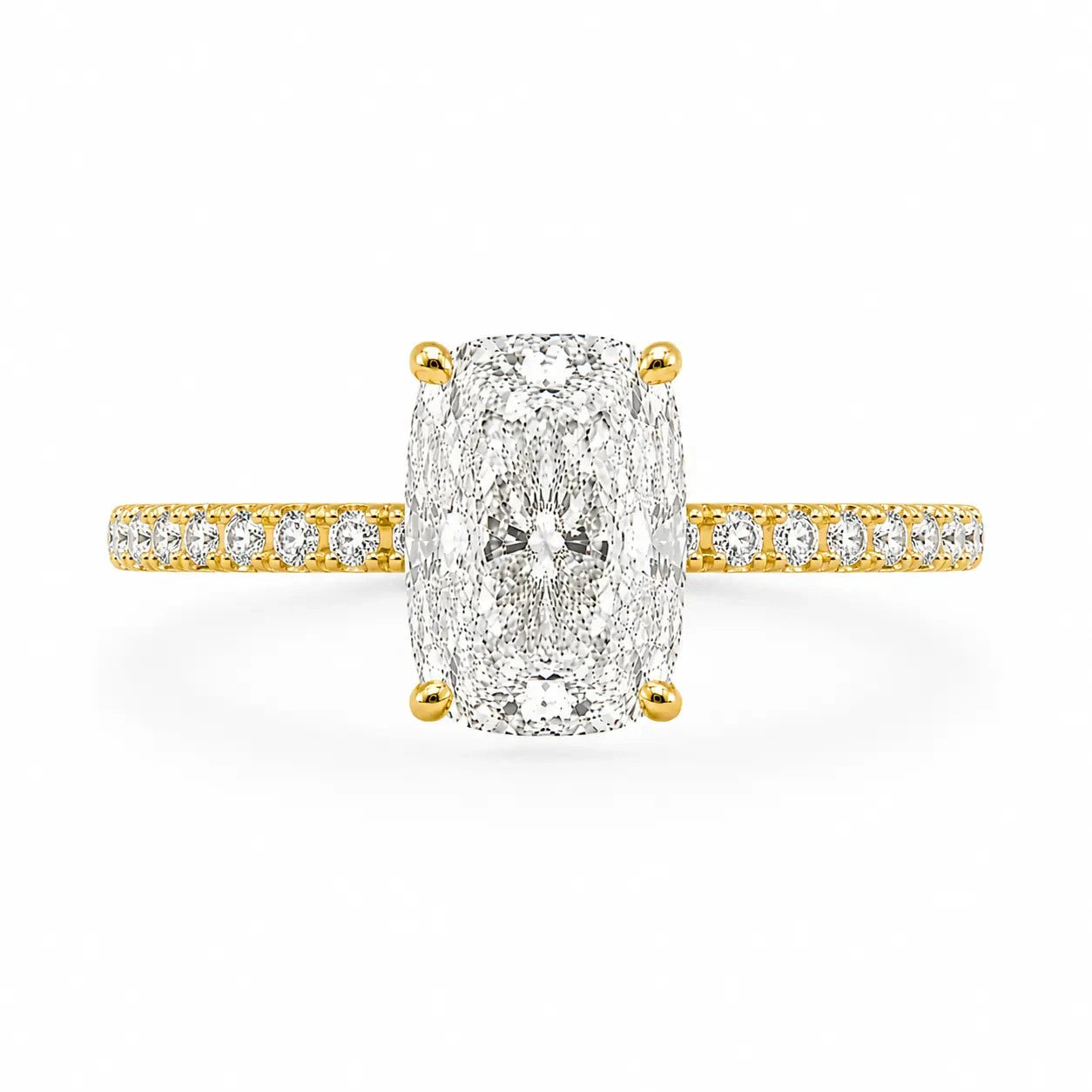 3.5 carat elongated cushion on pave band in 14k gold vermeil
