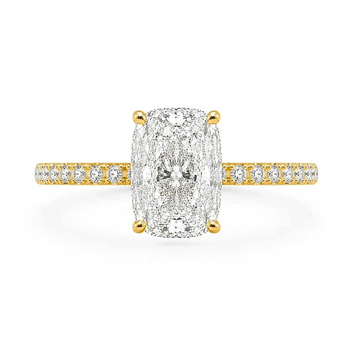 3.5 carat elongated cushion on pave band in 14k gold vermeil