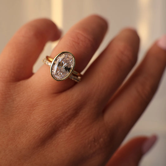 3.5 carat oval bezel set ring with 14K gold plating