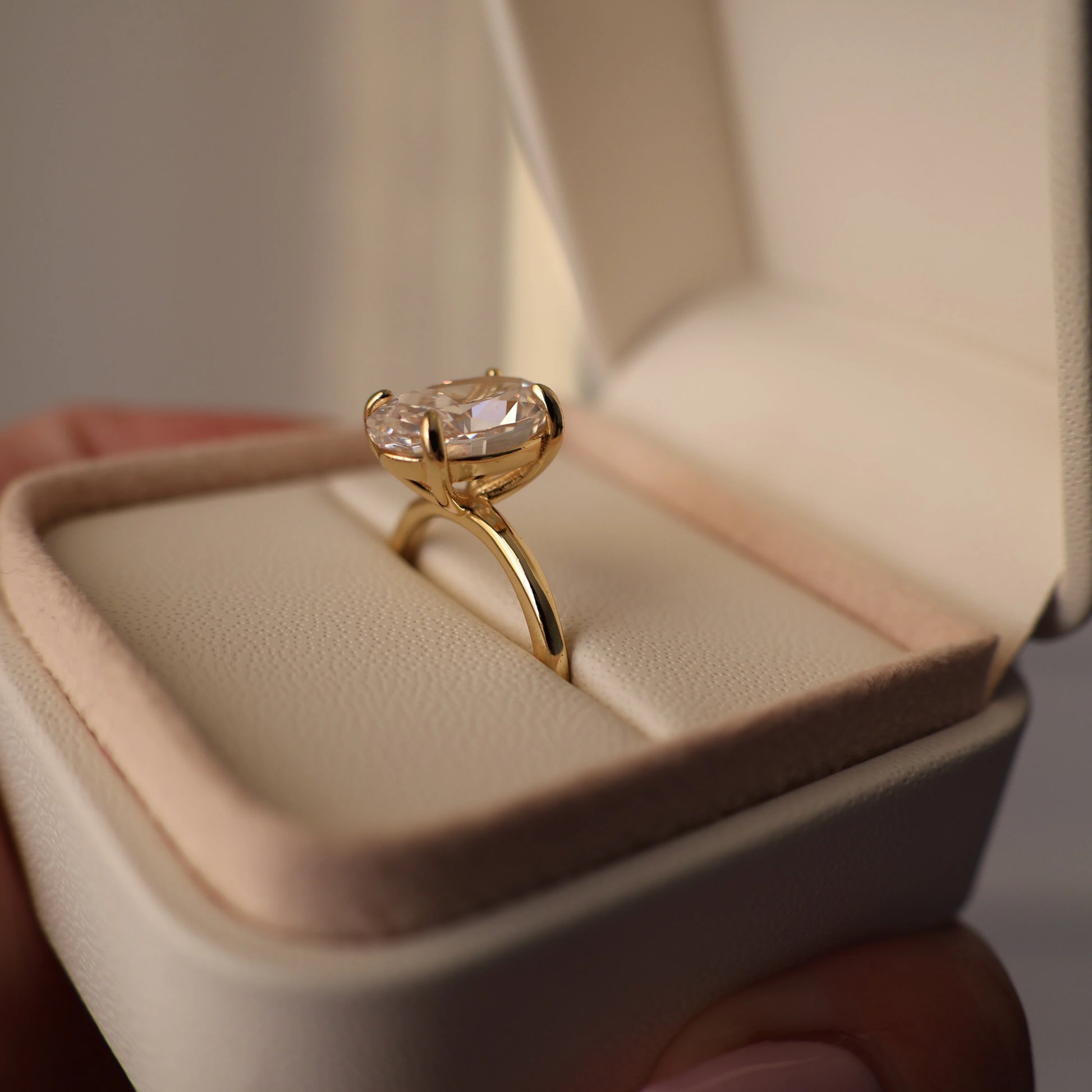 3.5 carat oval solitaire ring in 18K gold plating presented in a proposal box