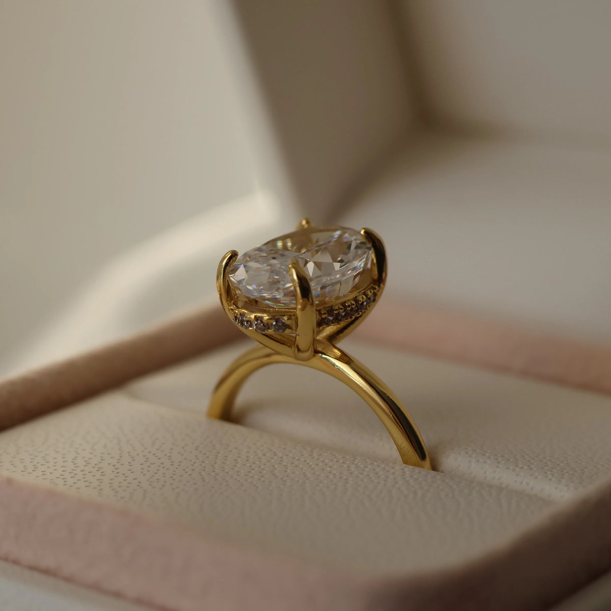 3.5 ct oval hidden halo ring in 14k gold plated cubic zirconia