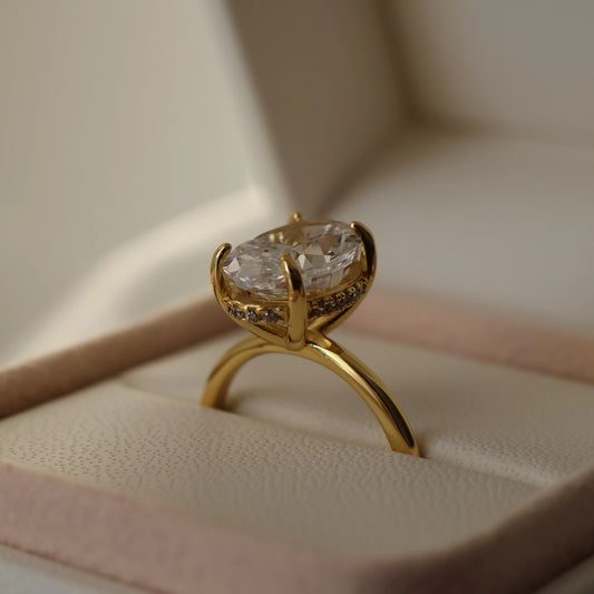 3.5 ct oval hidden halo ring in 14k gold plated cubic zirconia