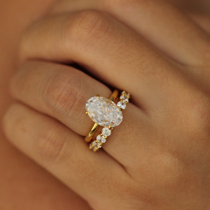 18k gold vermeil ring on hand with pristina gold eternity stacker ring 3mm