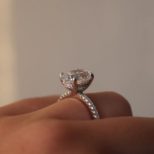 3.5 carat oval cubic zirconia hidden halo pavé ring in silver