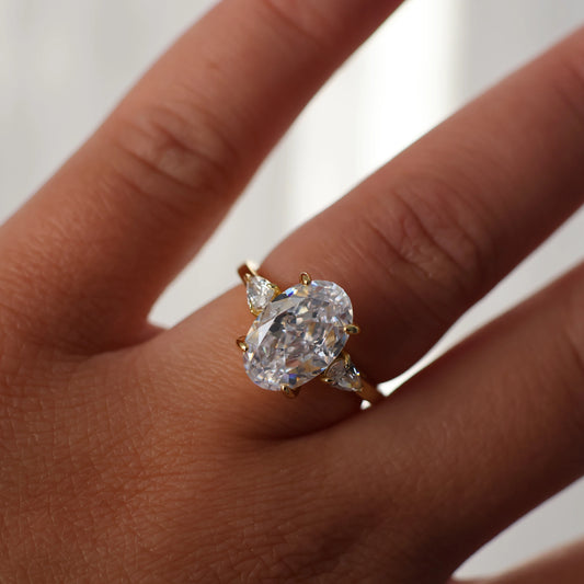 3.5 ct oval three stone trilogy ring in 14k gold plating