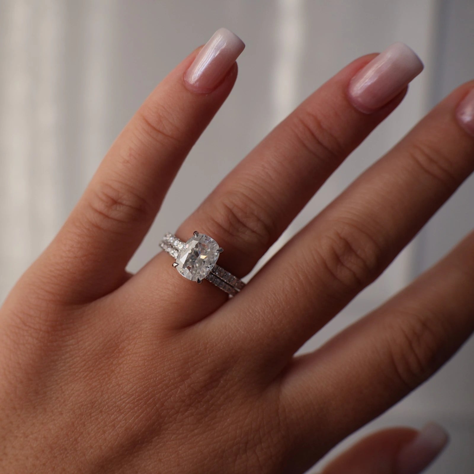 3ct silver elongated cushion cut moissanite ring pave band
