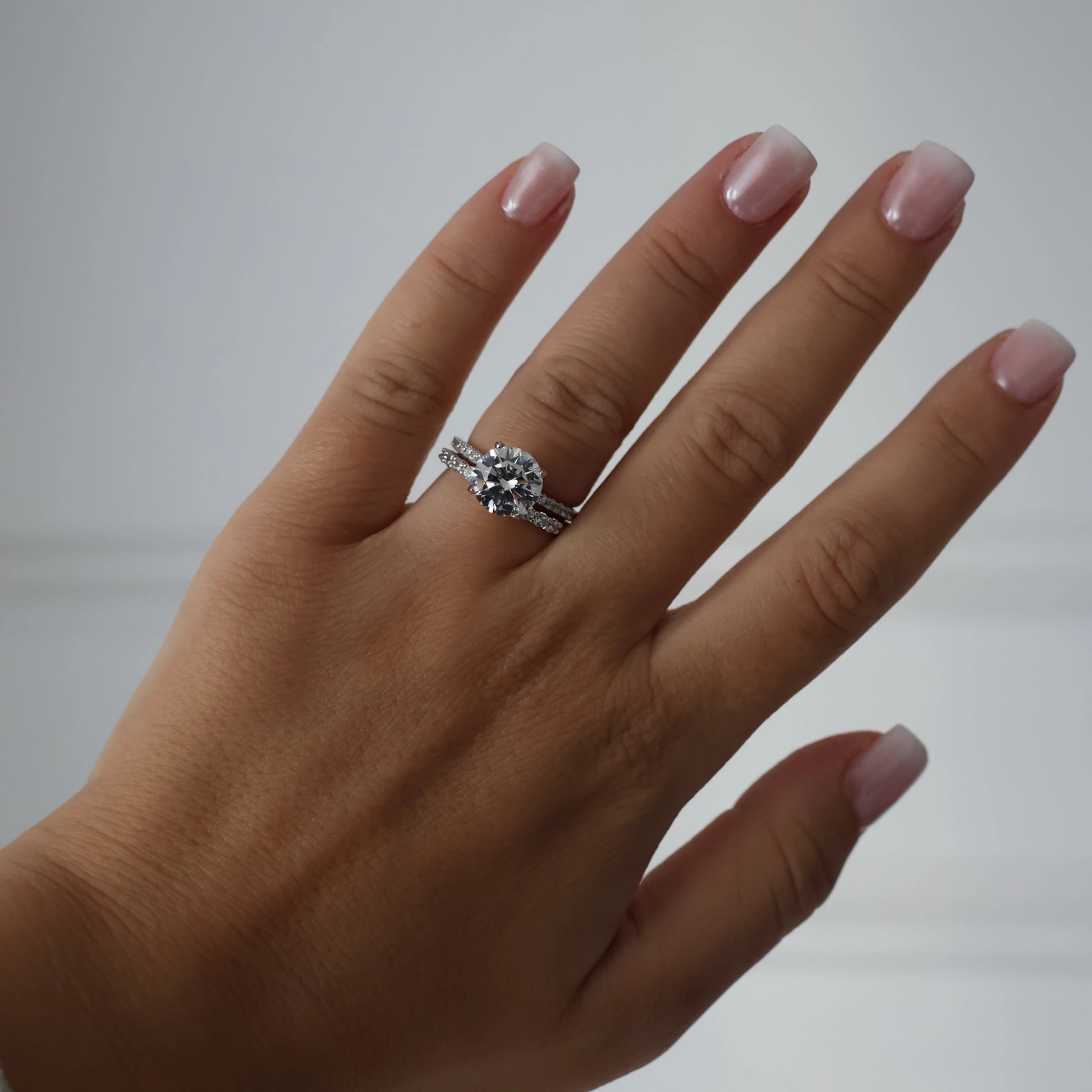 3ct round cut cubic zirconia ring with pavé band in silver