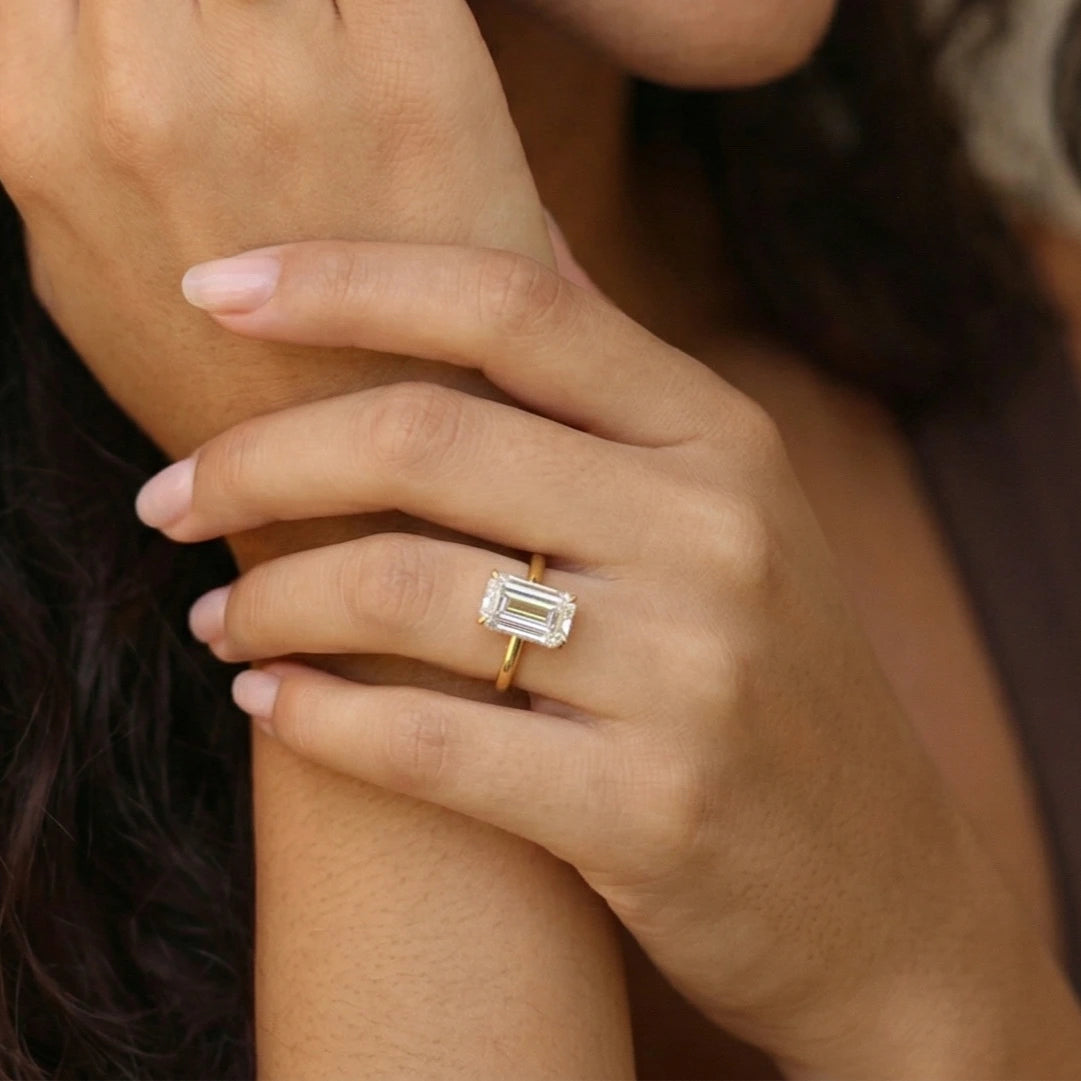 3 carat elongated emerald cut ring in 18k gold plating