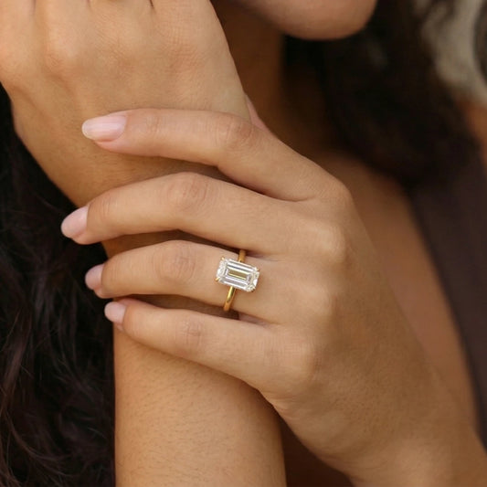 3 carat elongated emerald cut ring in 18k gold plating