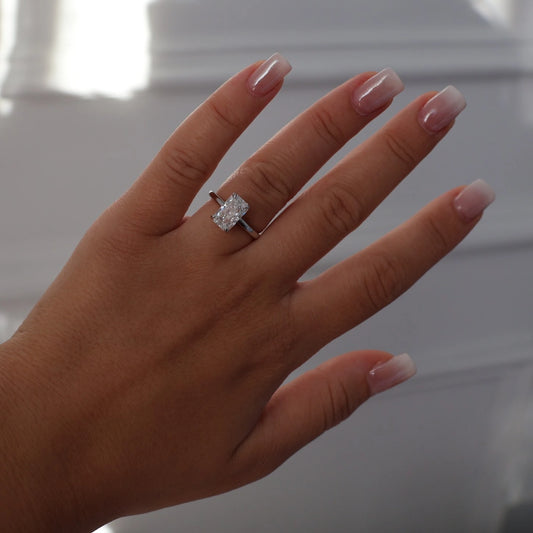 3 carat elongated radiant cut silver solitaire ring